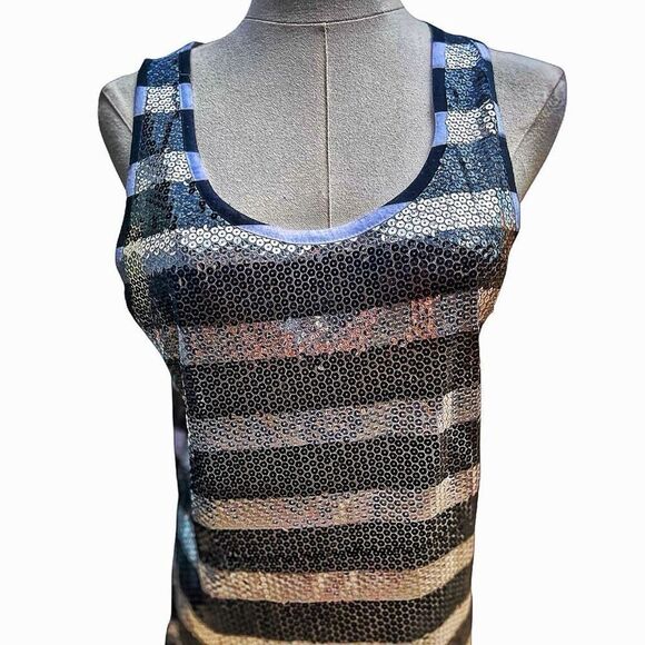 Silence & Noise Black & Silver Sequin Striped Tank Top Size Medium EUC - Picture 2 of 6